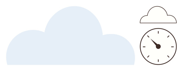 Cloud with soft edges next to a clock indicating time connection. Ideal for technology, efficiency, cloud computing, time management, modern solutions, planning, data storage. Simple flat metaphor