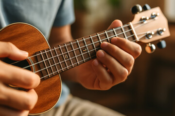 Obraz premium Close-up of hands playing ukulele in soft natural light