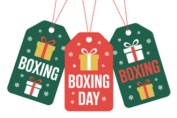 Three gift tags display the words "Boxing Day" with festive holiday graphics.