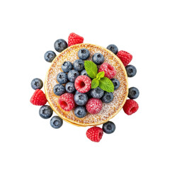 Overhead shot of two stacked golden pancakes with powdered sugar, blueberries, raspberries, mint, on a transparent background with soft studio light. Concept of fresh indulgence