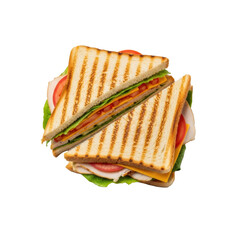 Two triangular grilled sandwich halves, golden bread with char marks, romaine, tomatoes, cheddar, roasted turkey, on white plate against transparent background, soft studio lighting, commercial
