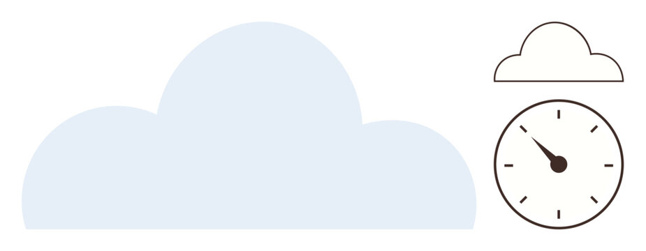 Cloud with soft edges next to a clock indicating time connection. Ideal for technology, efficiency, cloud computing, time management, modern solutions, planning, data storage. Simple flat metaphor