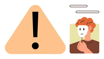 Large exclamation mark inside a triangle alongside a person holding a deceptive mask. Ideal for caution, warning, danger, deception, hidden identity, alertness, awareness. Simple flat metaphor