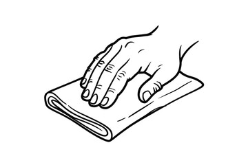 A hand is wiping a folded cloth with a white background.