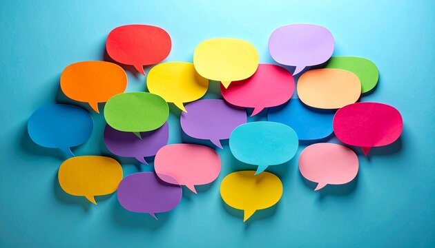 Colorful paper speech bubbles arranged on light blue background. - Powered by Adobe