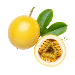 Whole and half-cut bright yellow passion fruit, revealing golden pulp, black seeds, with green leaves on a transparent studio background with copy space, fresh tropical healthy food concept