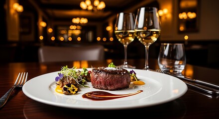 Gourmet dinner table setting with plates of delicious steak and fish, paired with red and white wine glasses at a fine dining restaurant