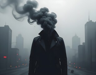 Urban stress concept – man with smoke head symbolizing city pollution, burnout, and mental overload.