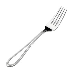 Pristine silver stainless steel fork with intricate beaded pattern, highly polished, brand-new, diagonally on stark white background with copy space, high-quality kitchen utensil concept
