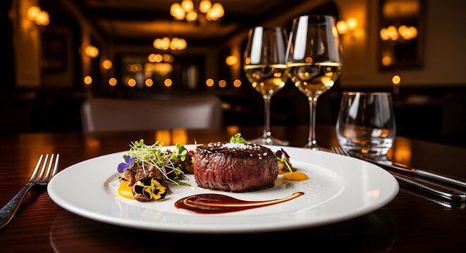 Gourmet dinner table setting with plates of delicious steak and fish, paired with red and white wine glasses at a fine dining restaurant