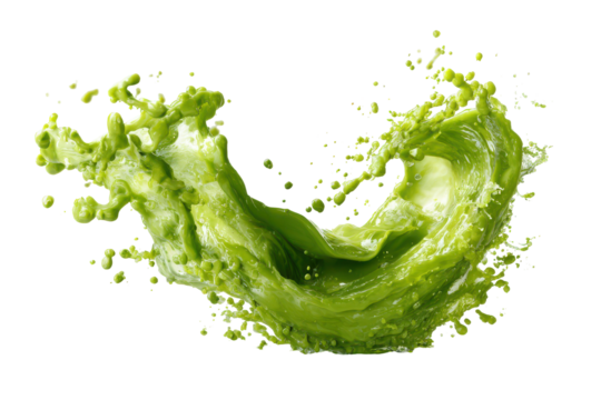 Green liquid splash wave isolated on transparent background. Vibrant green liquid splash dynamic swirl isolated on white background.