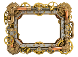 Steampunk ornate rectangular frame with gears and pipes isolated on transparent background