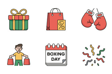 Icons representing a Boxing Day sale including a gift, shopping bags, and gloves.