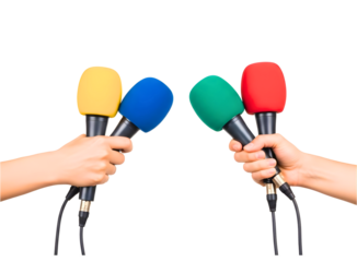 Four hands holding microphones with colored windscreens isolated on transparent background