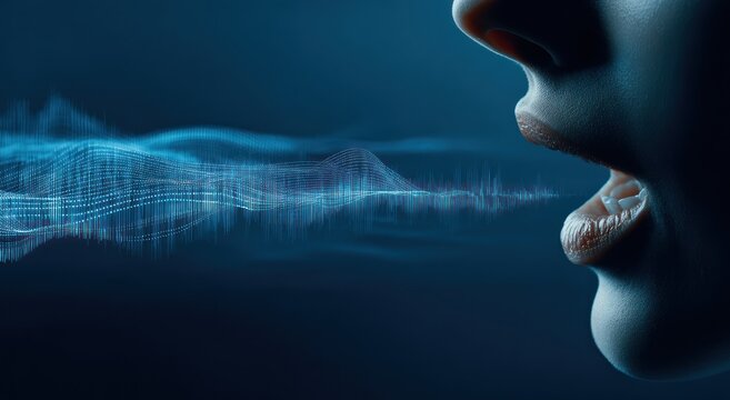 Mouth speaking generating blue digital sound wave visualization