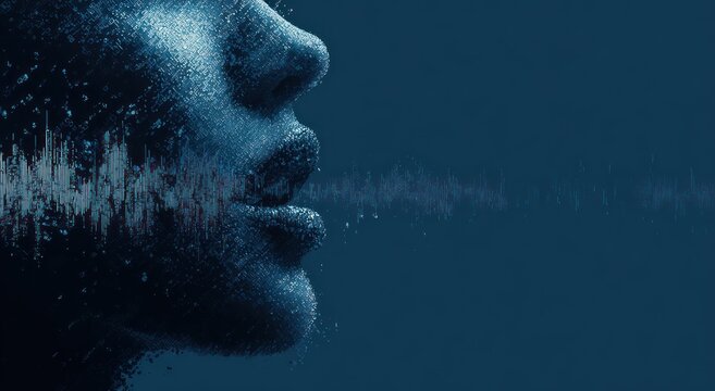 Digital human profile speaking with sound wave visualization against dark blue.