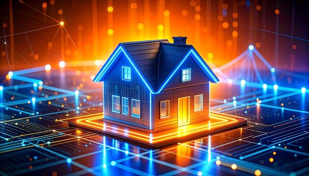 Neon house atop microchip with glowing digital circuitry.