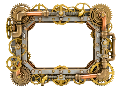 Steampunk ornate rectangular frame with gears and pipes isolated on transparent background