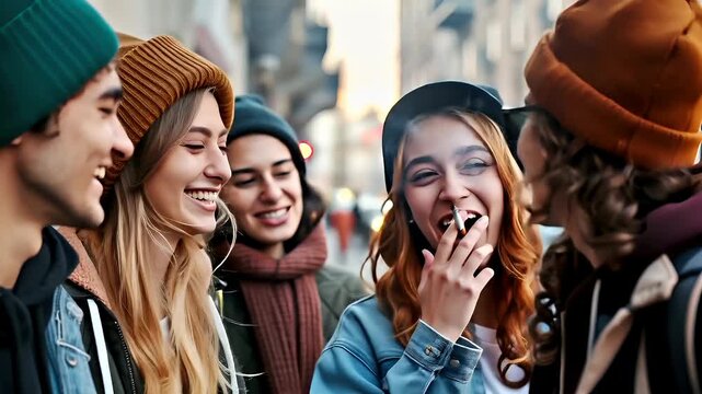 . A candid shot of a group of young adults sharing a lighthearted moment on a city street. The main subject is a woman with curly hair and a beanie.