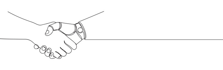 Continuous one line drawing of a human hand shaking a robot hand. Concept of artificial intelligence, technology and future partnership