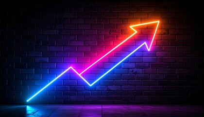 Segmented neon arrow pointing upward on dark brick wall.