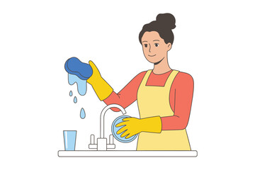 A person wearing yellow gloves is washing dishes at a sink with a sponge.