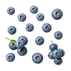 Perfectly ripe, plump blueberries with dew drops, green stems, vibrant blue-purple, scattered on transparent studio background, soft light, flat-lay, concept of fresh fruit