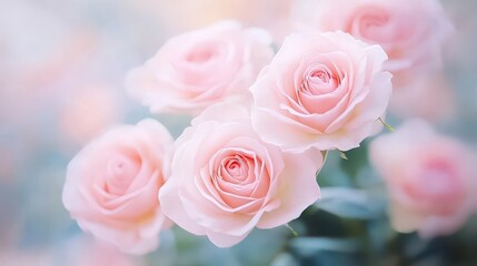 Fototapeta premium Delicate pink roses in soft focus. As a wedding backdrop and for Valentine's Day. Soft focus blur.