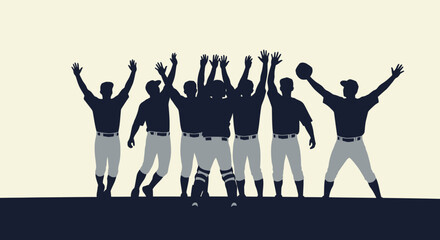 Victorious baseball team celebrating win with arms raised in triumph, capturing spirit of teamwork, achievement, and sportsmanship, perfect for sports marketing