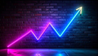 Neon zigzag growth graph with arrow on dark brick wall.