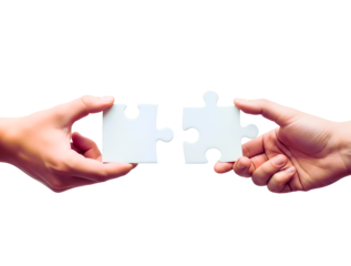 Two hands connecting white puzzle pieces isolated on transparent background