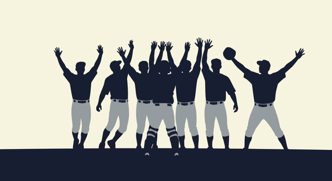 Victorious baseball team celebrating win with arms raised in triumph, capturing spirit of teamwork, achievement, and sportsmanship, perfect for sports marketing