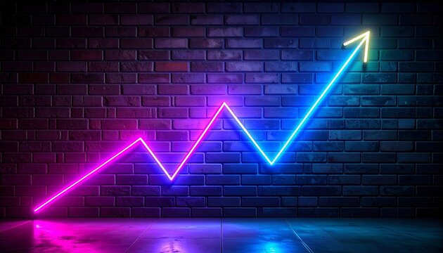 Neon zigzag growth graph with arrow on dark brick wall. - Powered by Adobe