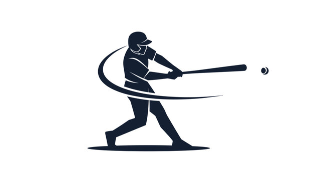Dynamic baseball player silhouette swinging bat with energy trail, perfect for sports branding, team logos, or athletic event promotions. Powerful action shot