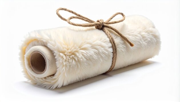 Rolled cream faux fur blanket tied with brown string on neutral background.