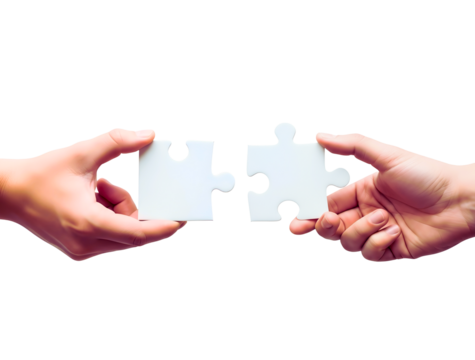 Two hands connecting white puzzle pieces isolated on transparent background