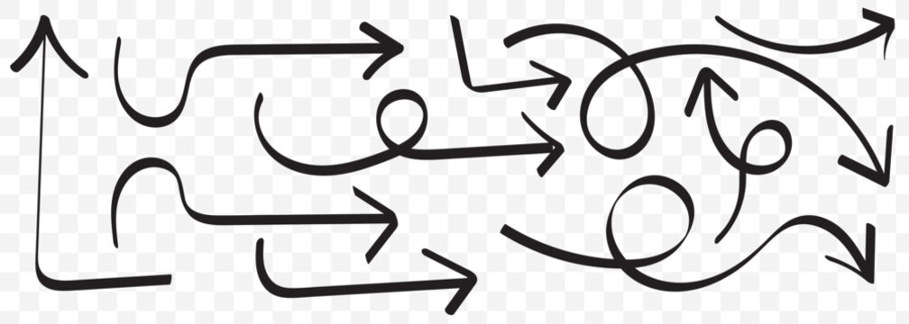 Hand Drawn Curved Arrows Collection. Vector Arrow Set. Doodle Sketch Arrows. Curved, Swirl, Loop, Swoosh, Directional, Pointer, Marker, Isolated on Transparent Background. EPS 10.