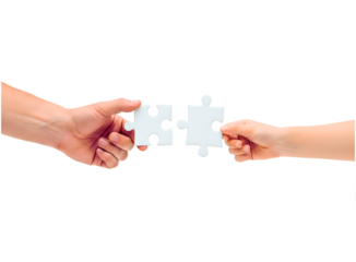 Two hands connecting puzzle pieces isolated on transparent background