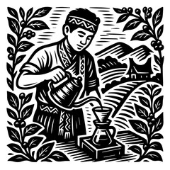 Farmer Pouring Coffee in Plantation Field Woodcut Illustration