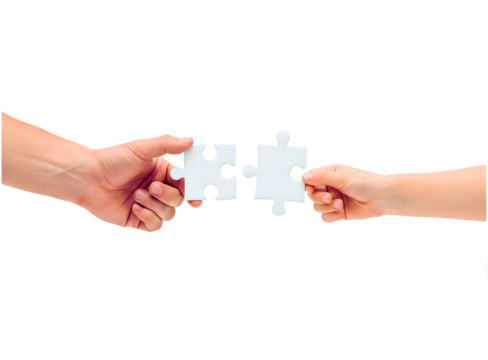 Two hands connecting puzzle pieces isolated on transparent background - Powered by Adobe