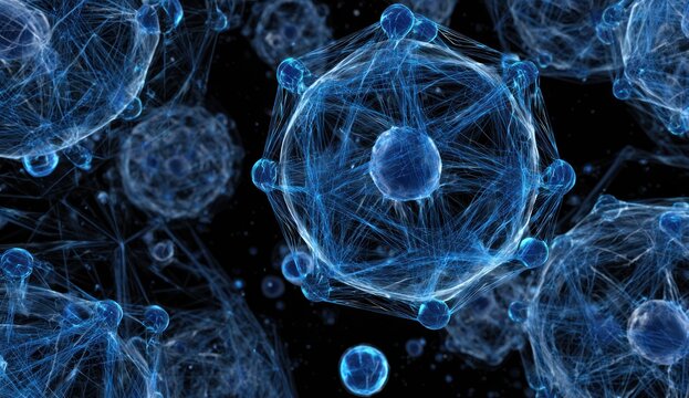 Abstract blue glowing microscopic structures against a dark background.