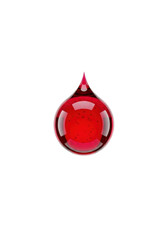 Perfectly spherical, glistening deep red droplet with crimson hues, sharp reflections, suspended on a bright white studio background, copy space, concept for luxury product advertising.