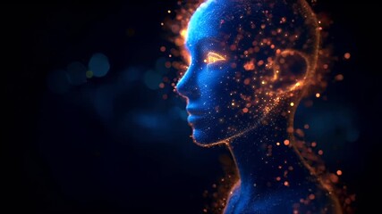 3D digital artwork of a womans face with glowing blue and orange dots and lines, creating a sense of depth and dimension. The background is dark with a bokeh effect.