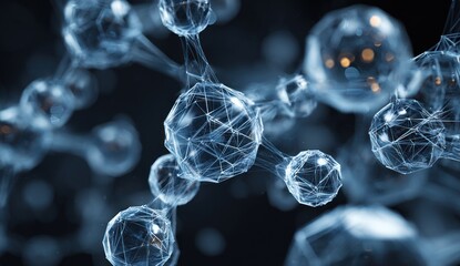 Abstract glowing molecular structure with dark background and bokeh lights.