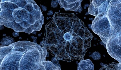 Abstract blue glowing biological structures against a black background.