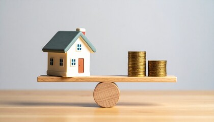 Model house and stacked coins balanced on wooden plank over pivot, symbolizing financial equilibrium.