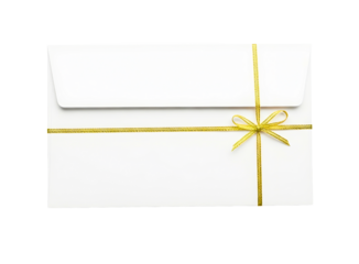 White envelope with gold ribbon tied in a bow isolated on transparent background