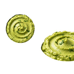 Two modern white ceramic bowls with vibrant green avocado dip, creamy, cilantro, macro-focused, on transparent background, copy space. Appetizing food photography for product marketing