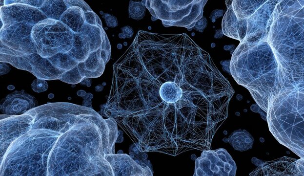 Abstract blue glowing biological structures against a black background.