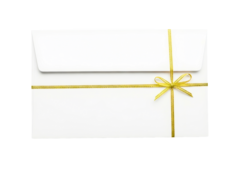 White envelope with gold ribbon tied in a bow isolated on transparent background - Powered by Adobe